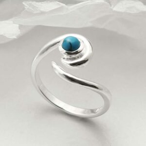 silver adjustable turquoise ring with spiral band upright