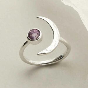 silver adjustable amethyst ring with crescent upright