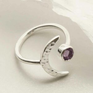 silver adjustable amethyst ring with crescent laid