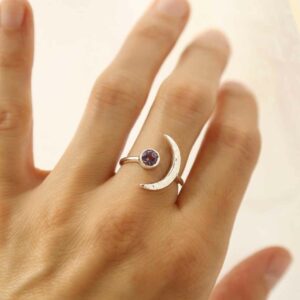 silver adjustable amethyst ring with crescent on model