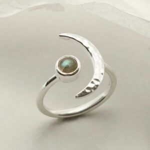 silver adjustable labradorite ring with crescent upright