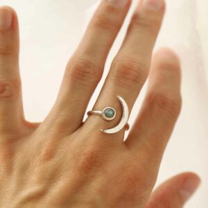 silver adjustable labradorite ring with crescent on model