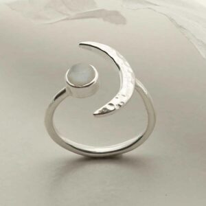 silver adjustable moonstone ring with crescent upright