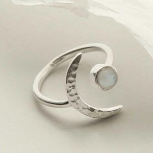 silver adjustable moonstone ring with crescent laid