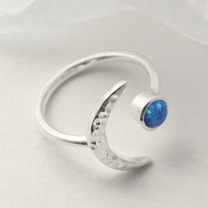 silver adjustable opalite ring with crescent laid