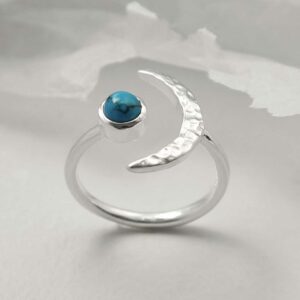 silver adjustable turquoise ring with crescent upright