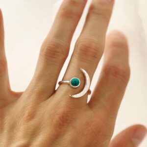 silver adjustable turquoise ring with crescent on model