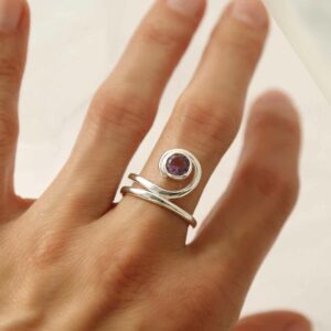 silver winding band amethyst ring on model