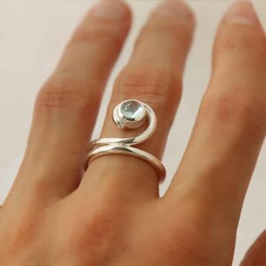 silver winding band blue topaz ring on model