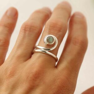 silver winding band labradorite ring on model