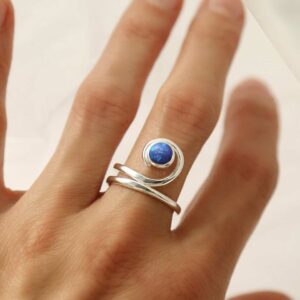 silver winding band opalite ring on model