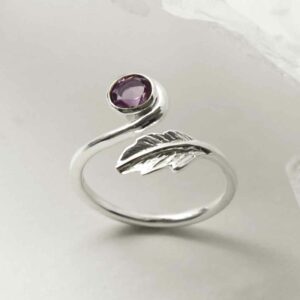 silver adjustable amethyst ring with leaf upright