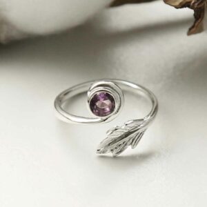 silver adjustable amethyst ring with leaf laid