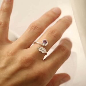 silver adjustable amethyst ring with leaf on model