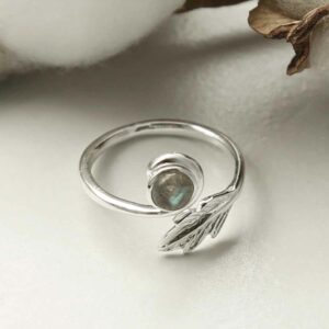 silver adjustable labradorite ring with leaf laid