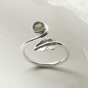 silver adjustable labradorite ring with leaf upright