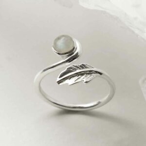 silver adjustable moonstone ring with leaf upright