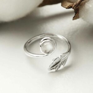 silver adjustable moonstone ring with leaf laid