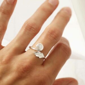 silver adjustable moonstone ring with leaf on model