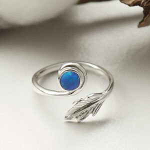 silver adjustable opalite ring with leaf laid