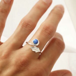 silver adjustable opalite ring with leaf on model