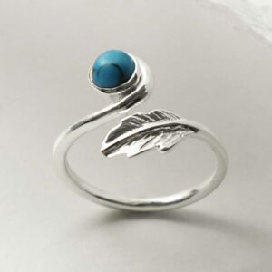 silver adjustable turquoise ring with leaf upright