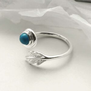 silver adjustable turquoise ring with leaf side view