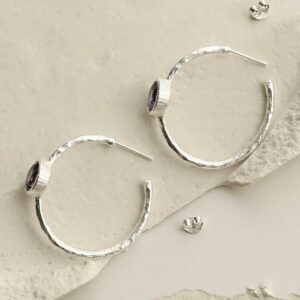 silver textured stud hoops with amethyst side view