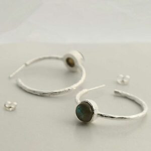 silver textured stud hoops with labradorite laid