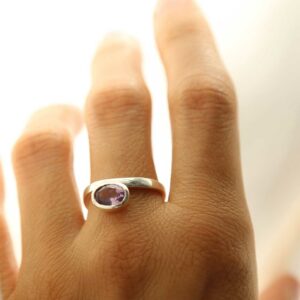 silver amethyst stacking ring on model