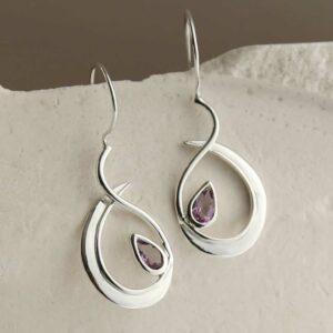 silver large loop drop earrings with amethyst in centre hanging