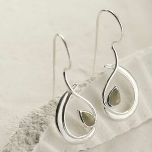 silver large loop drop earrings with labradorite in centre upright