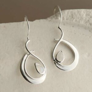 silver large loop drop earrings with moonstone in centre hanging