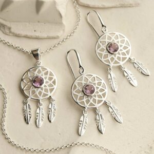 silver dangly dream catcher necklace and earrings with centre amethysts