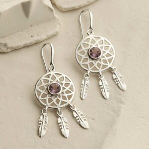 silver dangly dream catcher earrings with centre amethyst