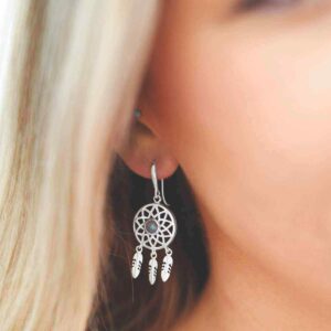 silver dangly dream catcher earrings with centre labradorite on model