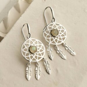 silver dangly dream catcher earrings with centre labradorite leaning