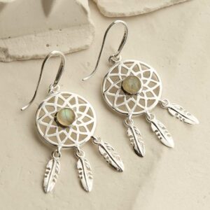 silver dangly dream catcher earrings with centre labradorite laid