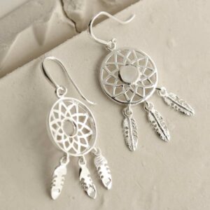 silver dangly dream catcher earrings with centre moonstone back and front