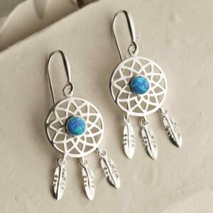 silver dangly dream catcher earrings with centre opalite