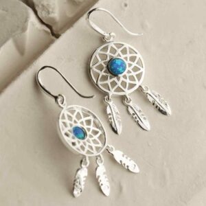 silver dangly dream catcher earrings with centre opalite back and front