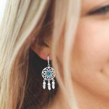 MZB130E T STERLING SILVER TURQUOISE DANGLY DREAM CATCHER EARRINGS MODEL