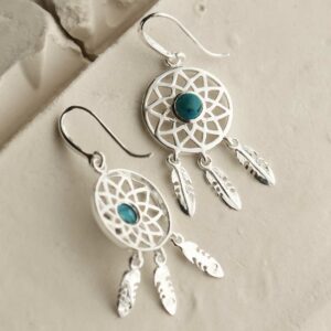 silver dangly dream catcher earrings with centre turquoise back and front