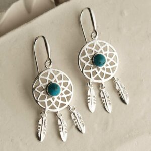 silver dangly dream catcher earrings with centre turquoise