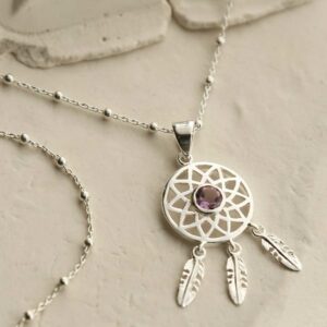 silver dangly dream catcher necklace with centre amethyst ball chain