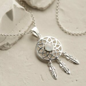 silver dangly dream catcher necklace with centre moonstone plain chain