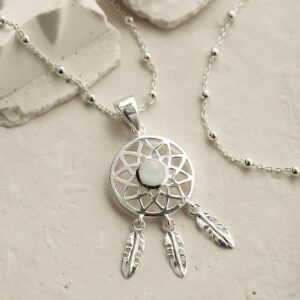 silver dangly dream catcher necklace with centre moonstone ball chain