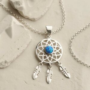 silver dangly dream catcher necklace with centre opalite plain chain