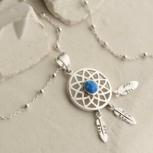 silver dangly dream catcher necklace with centre opalite ball chain