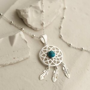 silver dangly dream catcher necklace with centre turquoise ball chain